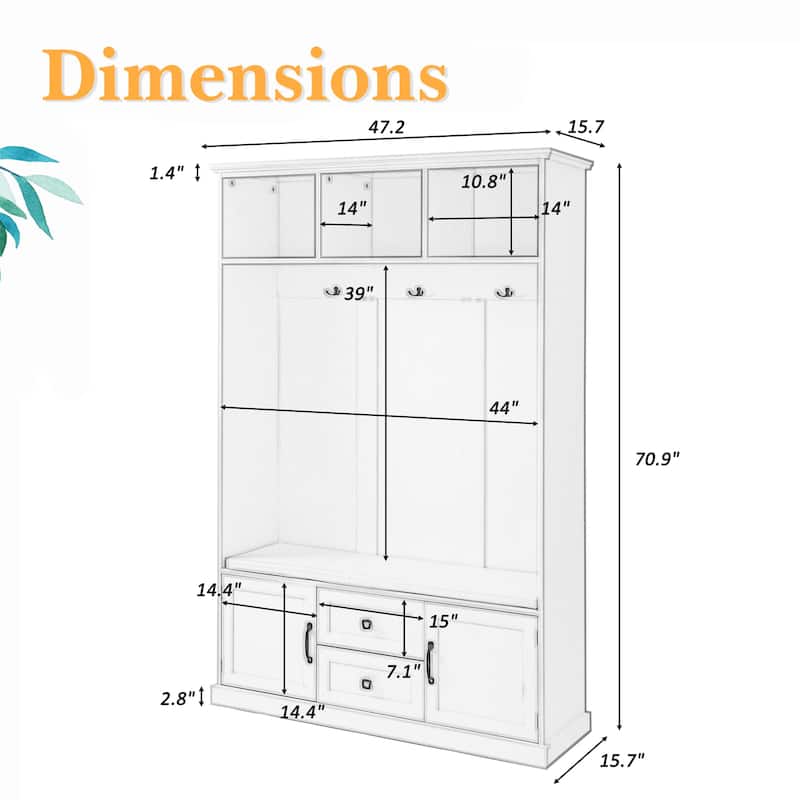 47"W Hall Tree with 3 Metal Double Hooks,3 Open Shelves,Shoe Storage - 3-in-1