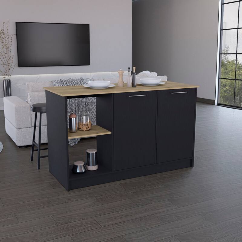 Kitchen Island with Large Countertop, Open Storage Shelves and Double Door Cabinet