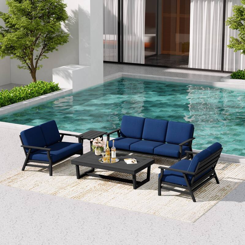 Teak Outdoor Seating Set with Daybed & Tables.