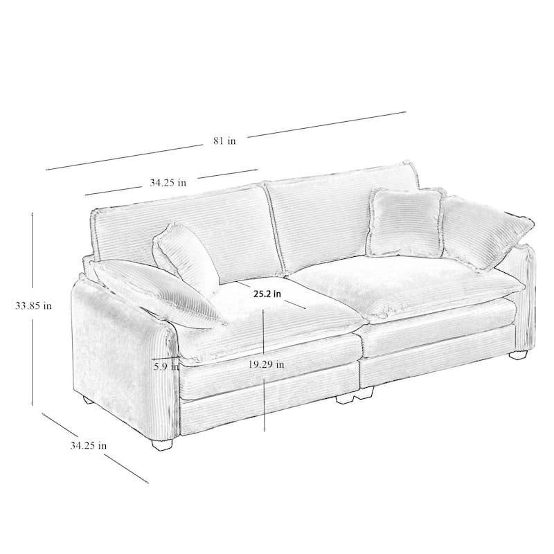 Oversize Loveseat, 81'' 2 Seater Corduroy Couch with 4 Pillows and Removable Armrests, Modern Love Seat for Living Room, Office