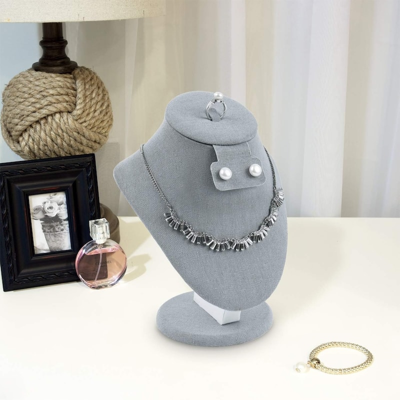 Linen Covered Wood Jewelry Display Necklace Bust Display Stand - S