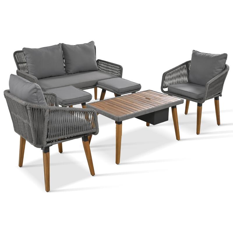 Outdoor 6-Piece Rope Conversation Sofa Set with Acacia Cool Bar Table & Stools