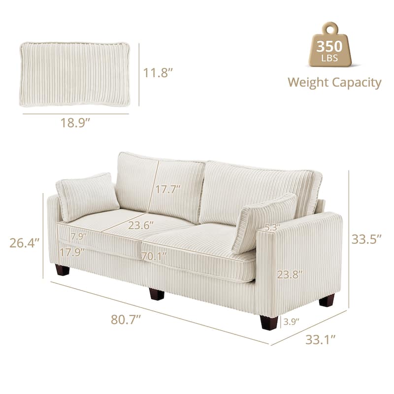 81" Modern Corduroy 3 Seater Sofa, Polyester Rectangle Upholstered Sofa with Wood Base for Living Room - 81"W X 33"D X 26"H