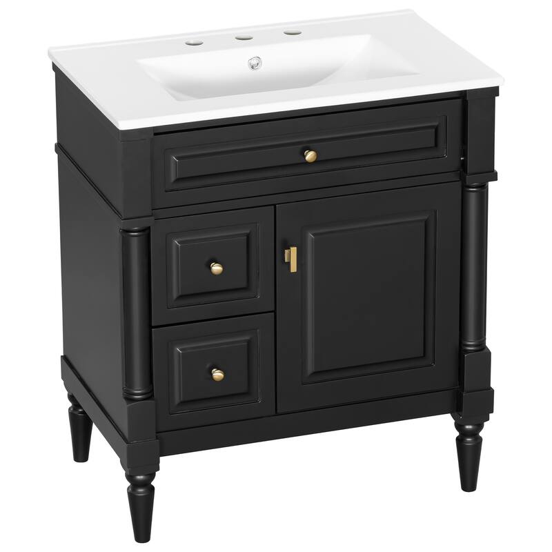 Roomfitters 30" Bathroom Vanity with Sink, Solid Wood Frame, Flip Drawer, 2 Drawers & Door Rack
