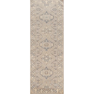 Hand Knotted Oriental 100% Wool Carpet Transitional Geometric Beige & Ivories Oushak Runner Rug - 11' 7'' X 3' 1''