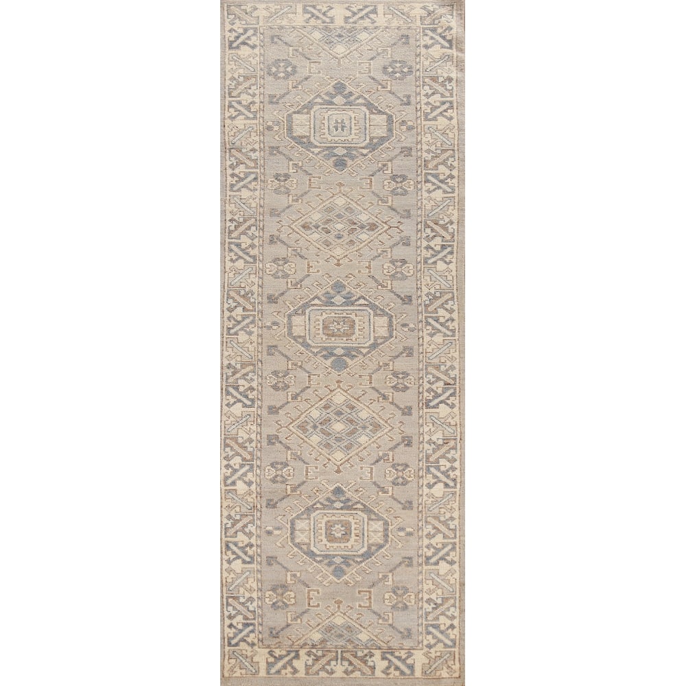 Hand Knotted Oriental 100% Wool Carpet Transitional Geometric Beige & Ivories Oushak Runner Rug - 11' 7'' X 3' 1''