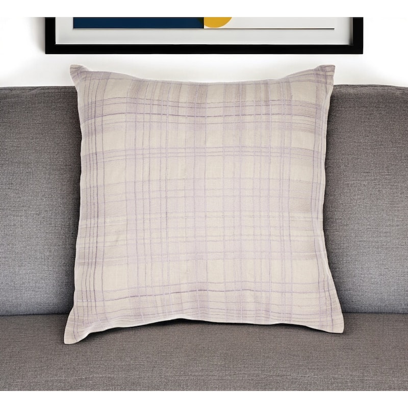 HomeRoots 24" Ivory Check Cotton Blend Throw Pillow With Embroidery - Accent - Polyester