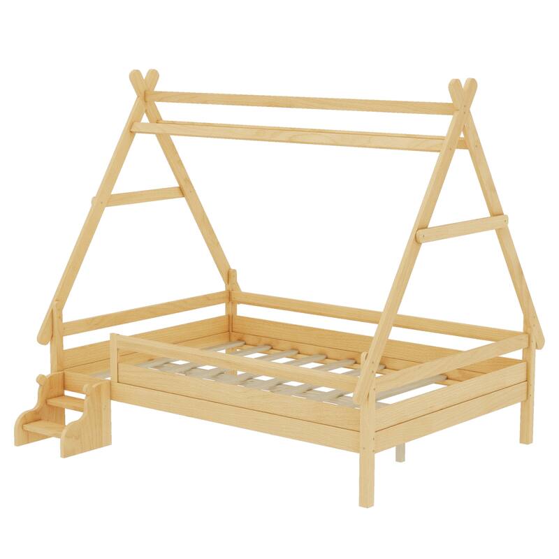 Full House Platform Bed with Stairs, Solid Wood Twin Bed Frame, Low Profile and Childlike Fun Design