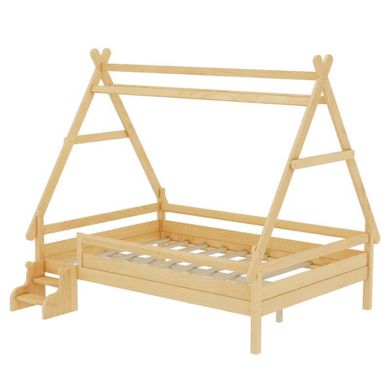 Roomfitters House Platform Bed with Stairs, Solid Wood Low Profile Frame with Roof Design for Playroom