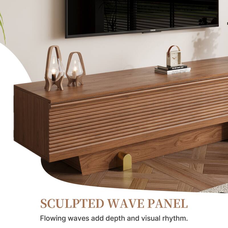 71" Modern Wooden TV Stand, Floor-Standing Media Console with Ribbed Storage and Gold Accents