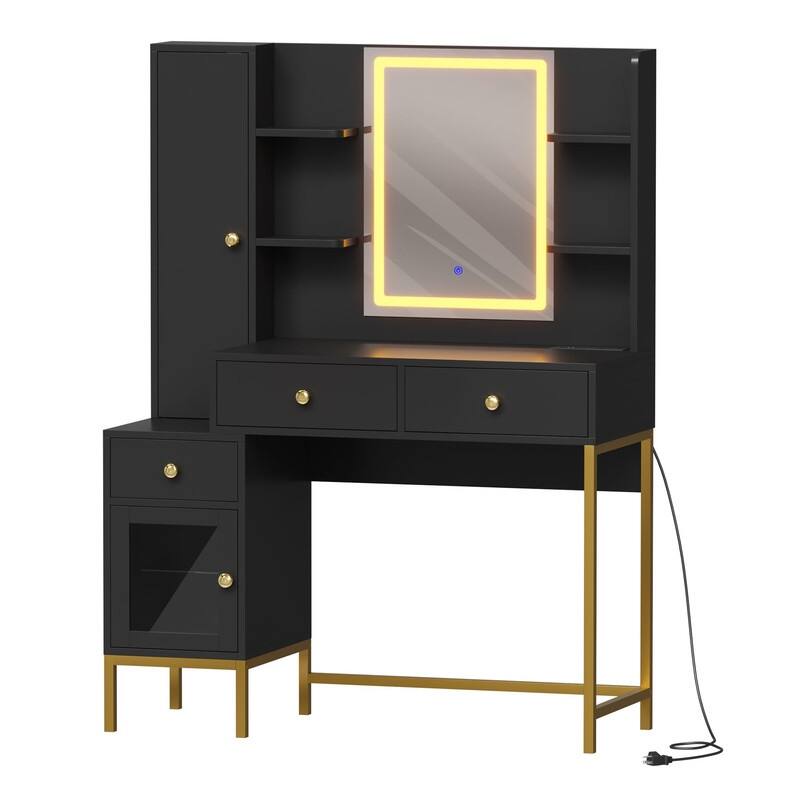 Vanity Desk with LED Mirror, Charging Station, Drawers, Shelves, Jewelry Cabinet