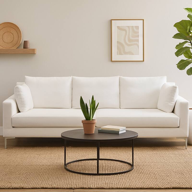 Boa Sofa, 2 Throw Pillows, Modern Loose Back White Linen 95 Inch