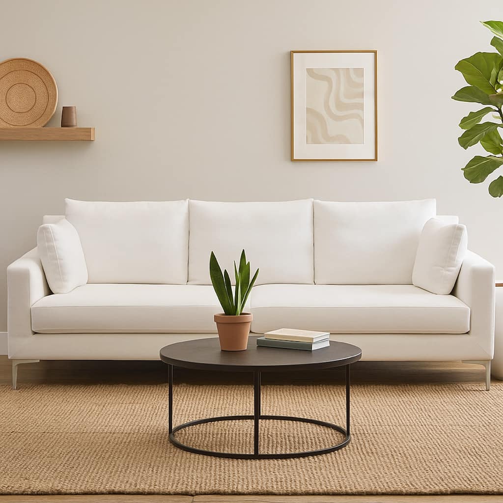 Boa Sofa, 2 Throw Pillows, Modern Loose Back White Linen 95 Inch