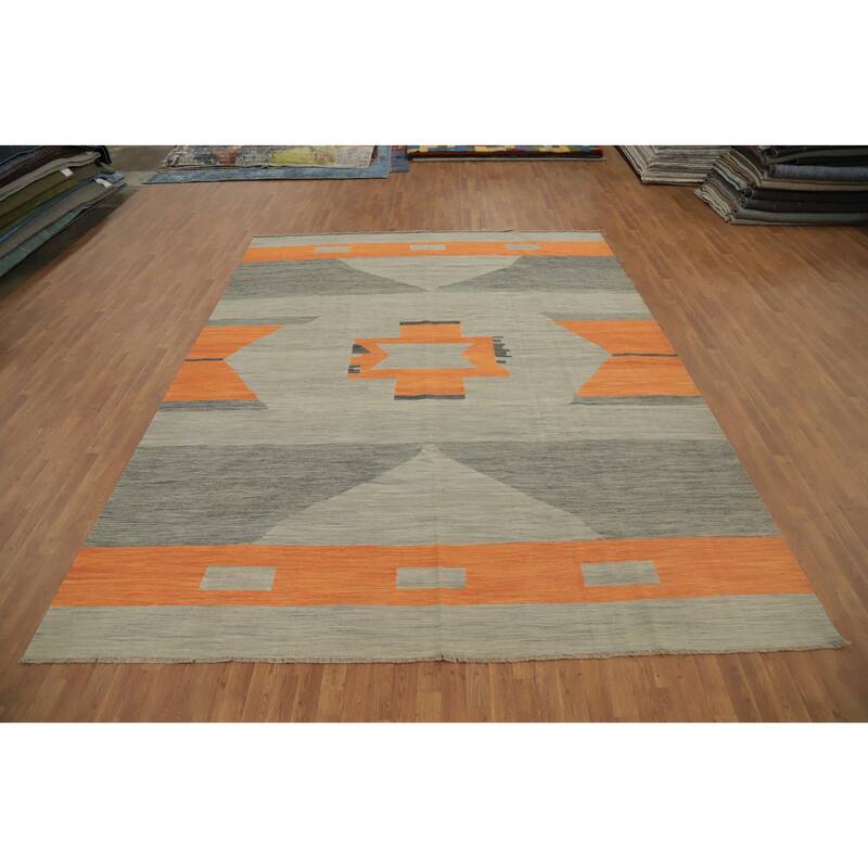 Hand Woven Oriental 100% Wool Carpet Southwestern Tribal Greys & Charcoal Kilim Area Rug - 13' 0'' X 9' 11''