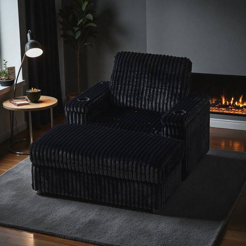 42.5" Corduroy Single Recliner Chair with Cup Holder, Storage Footrest, Armrest Storage and Backrest Pillow