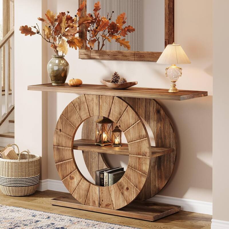 Solid Wood Console Table with Storage, Sofa Table with 3-Tier Shelves for Living Room, Hallway, Foyer