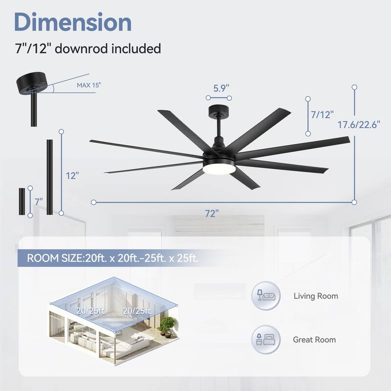 52"/ 65"/72" Black LED Ceiling Fan with Light Kit and Remote(5/8 Blade)