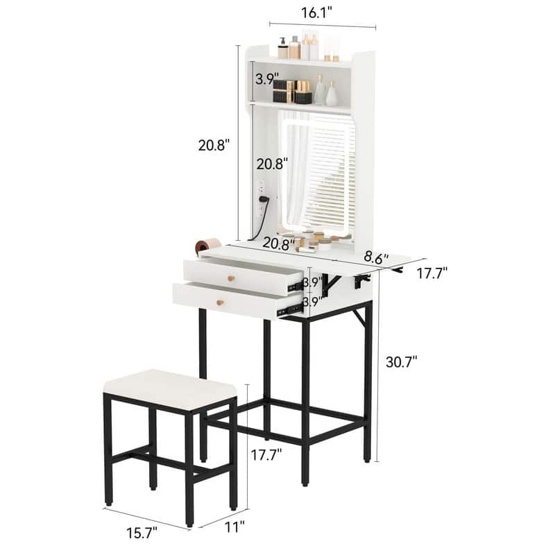 Small Makeup Vanity Desk with LED Mirror, Foldable Side Panel, 2 Drawers