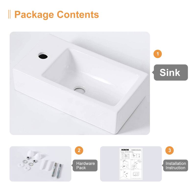 HOROW Left-Handed White Ceramic Wall-Mounted Rectangular Vessel Sink in Porcelain - N/A
