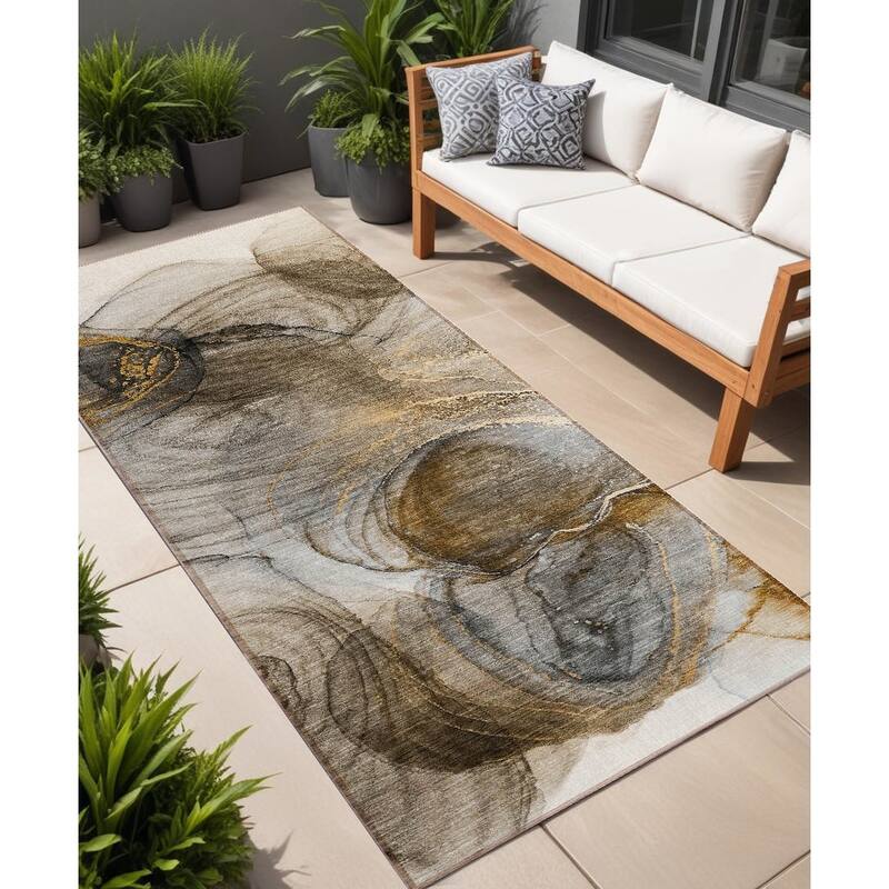Varo Contemporary Abstract Weather Resistant Classic Meets Modern Outdoor Rug - 8' Runner - Brown