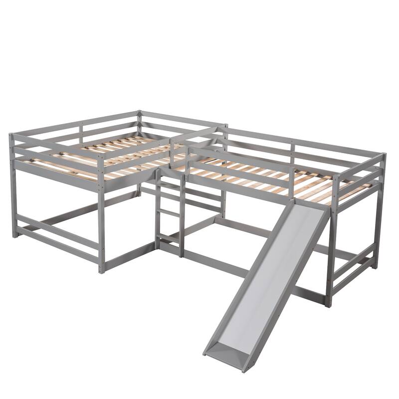 L-Shaped Full and Twin Bunk Bed with Slide, Durable Pine Frame, White