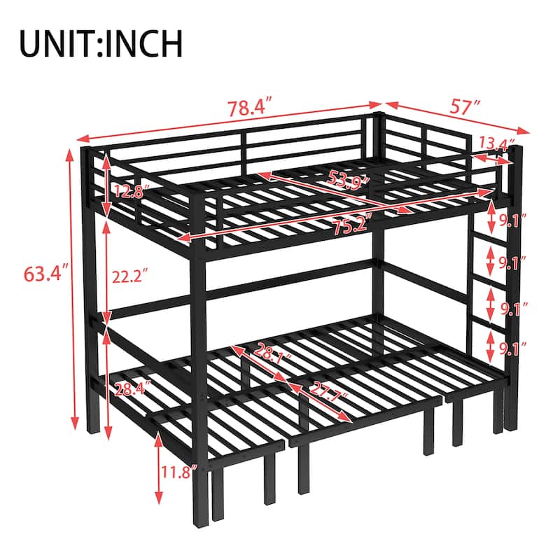 Full Over Full Size Pull-Out Bunk Bed, Lower Bunk Can Be Pulled Out In Three Sections, Top Bunk Equipped With Safety Rails