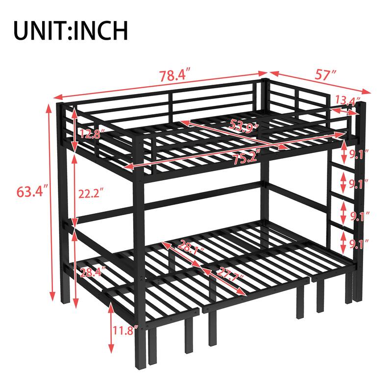 Full over Full / Queen over Queen Metal Bunk Bed with 3-Section Pull-Out Lower Bed and Safety Guardrails