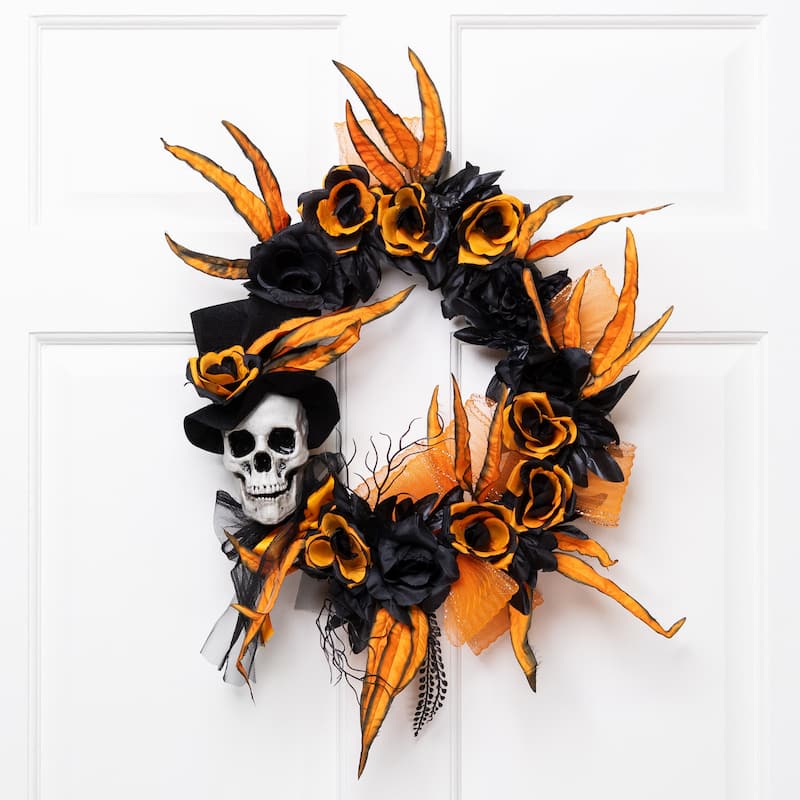 Skull with Black and Orange Roses Halloween Wreath - 14" - Unlit