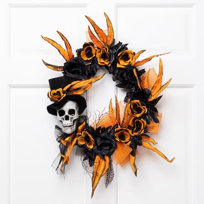 Skull with Black and Orange Roses Halloween Wreath - 14" - Unlit