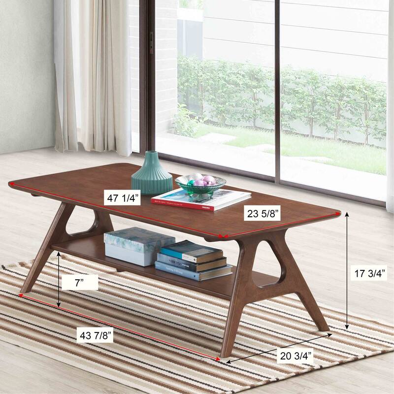 Wood Coffee Table with Open Storage Shelf, Accent Table with Sturdy Tapered Legs, Dining Table with Rubberwood Base