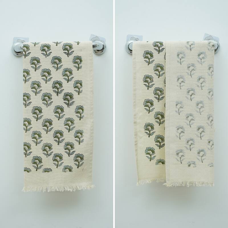 Fabdivine Honeycomb or Waffle Weave Hand Block Floral Print Hand Towel, Kitchen Gift Use