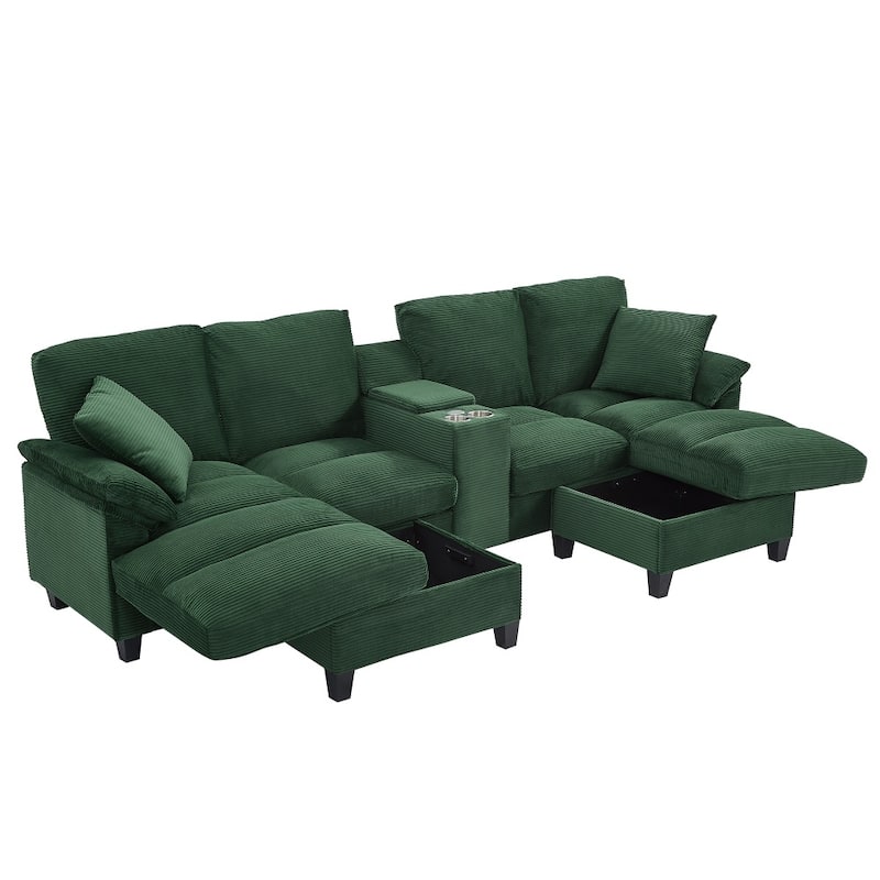 116.9" Modern Sectional Sofa with Storage Ottomans and USB Ports, Cup Holders