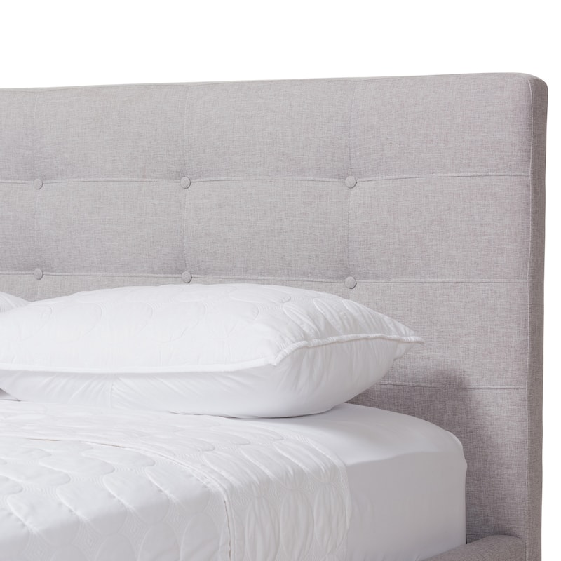Queen Size Platform Bed - Modern Fabric Bed Frame with Wood Legs - Greyish Beige Bedroom Furniture