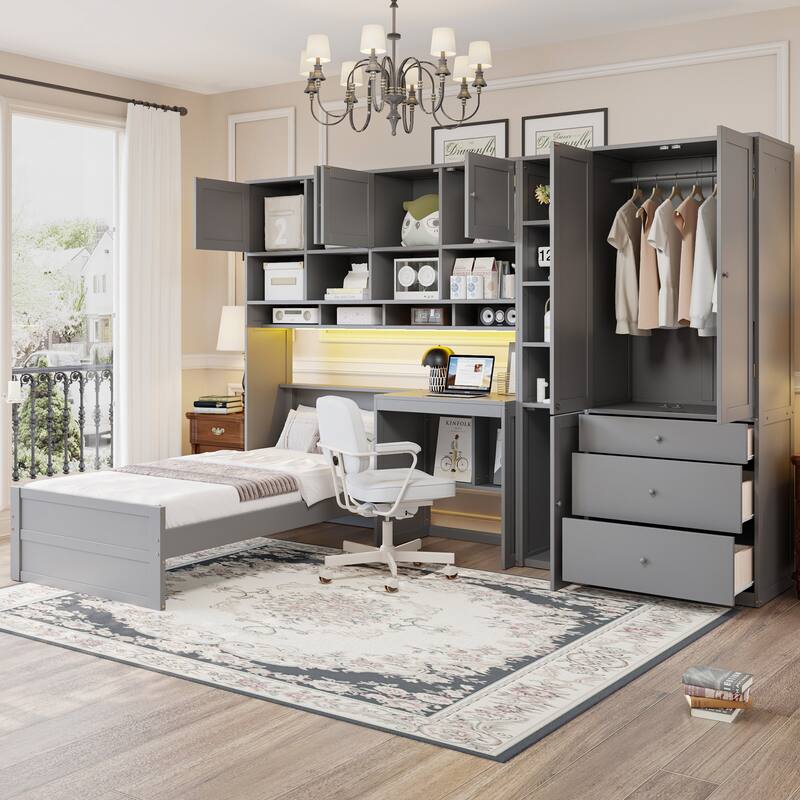 Twin Size Murphy Bed Cabinet Foldable Wall Bed Frame with Storage Wardrobes, Desk & Shelves, Wooden Hidden Platform Bed Chest