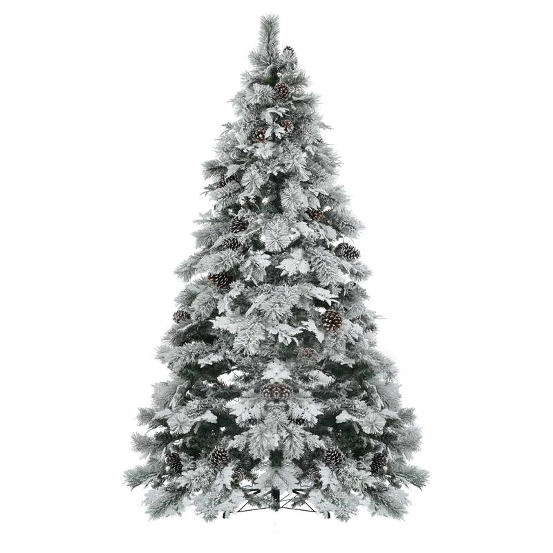 Artificial Snow Flocked Christmas Tree with Pine Cones, LED Lights, Warm & Colorful