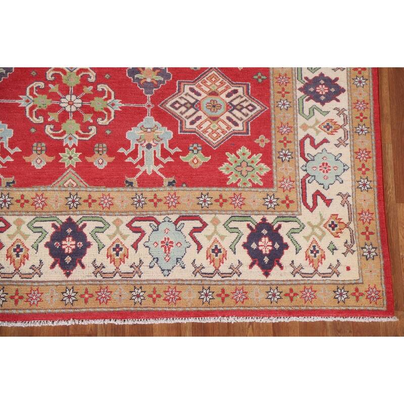 Hand Knotted Oriental 100% Wool Carpet Traditional All-Over Red Kazak Area Rug - 9' 6'' X 6' 8''
