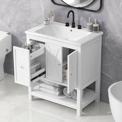 30" Wood Bathroom Vanity Cabinet with Ceramic Sink Top and Drawers