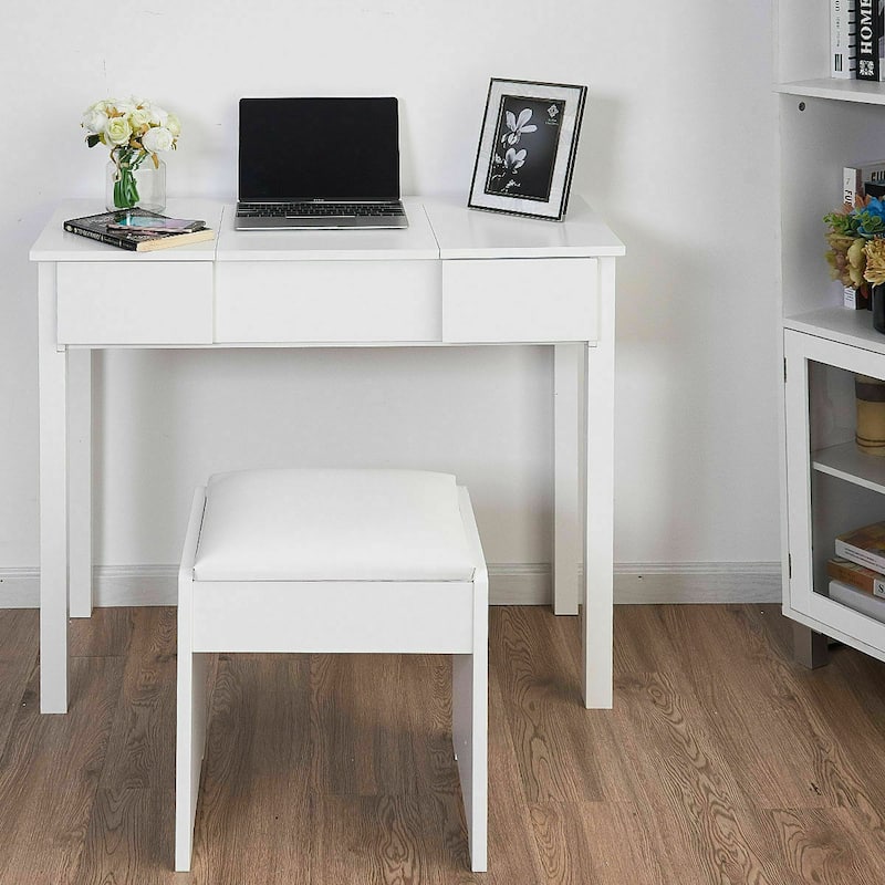 Costway White Vanity Dressing Table Furniture Stool Storage Box