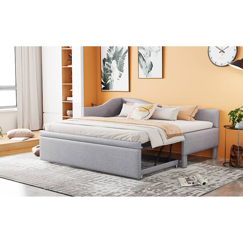 Roomfitters Twin Size Upholstered L-Shaped Daybed with Pop Up Trundle, Space Saving Fabric Sofa Bed Frame with Slats