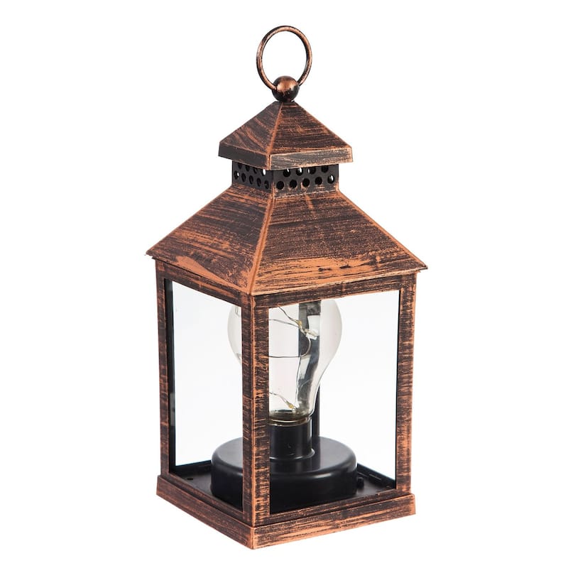 8.5"H Battery Operated Twinkling Light Bulb Lantern, Brushed Bronze; Set of 2