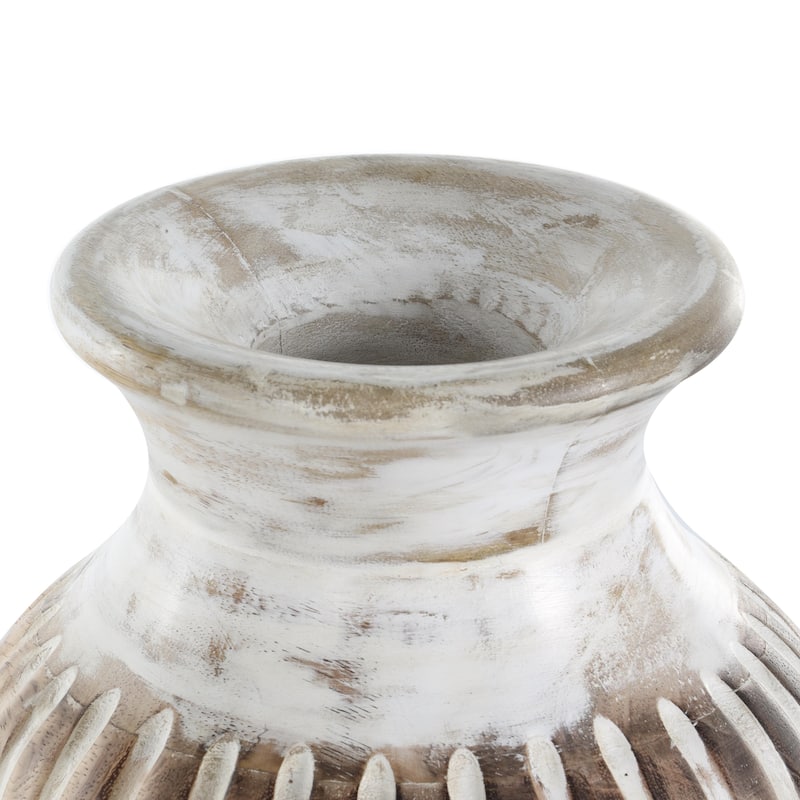 Mango Wood Distressed Decorative Vase with Carved Grooves - Brown - Roche River Decor