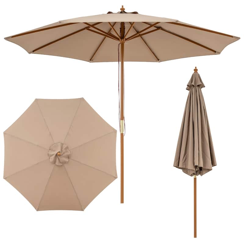 Gymax 9 FT Patio Umbrella w/Adjustable Height Rope Pulley Lift Vented - Khaki Tan