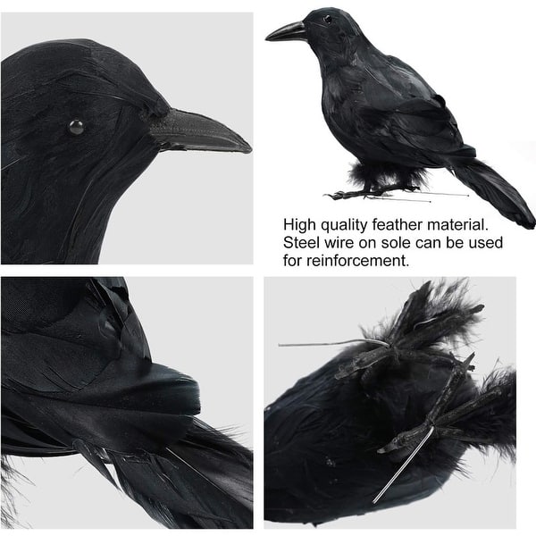 2-Pack Realistic Black Feather Crows – Halloween Decor, Artificial Crows With Bendable Feet For Party & Garden