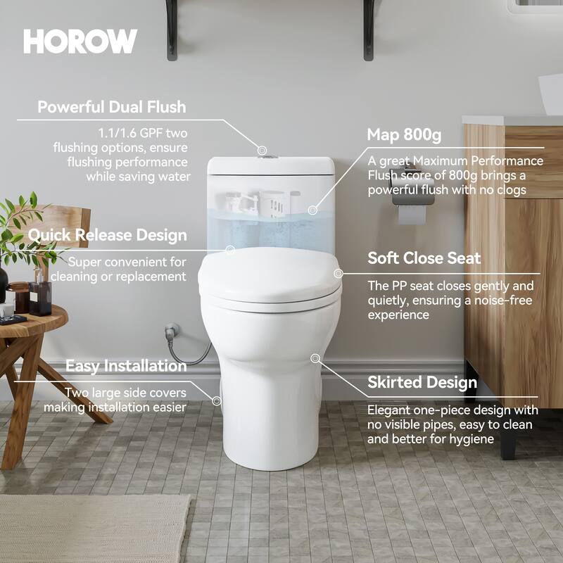 HOROW 1 Piece High Efficiency Dual Flush Elongated Toilet White 1.1/1.6 GPF Soft Close Seat - N/A