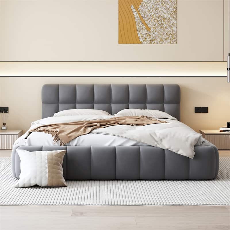 Upholstered Platform Bed with Thick Fabric,Grounded Bed/Solid Frame - Grey