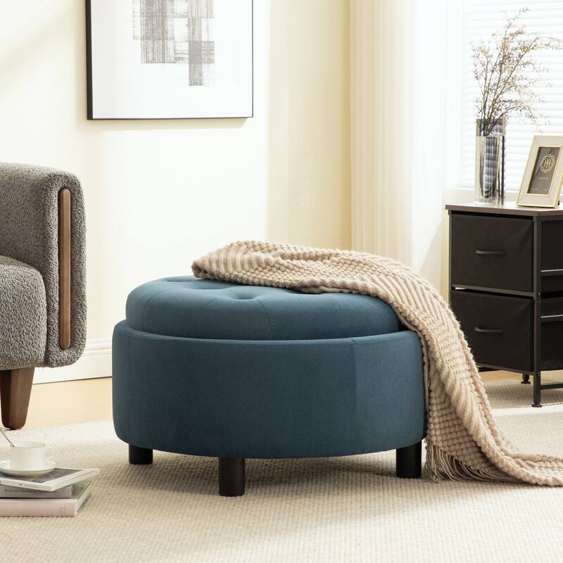 29.33"W Upholstered Round Ottoman With Reversible Lid,Fleece Fabric Storage Stool,Hand-pulled buckle decoration Design Footstool - Blue