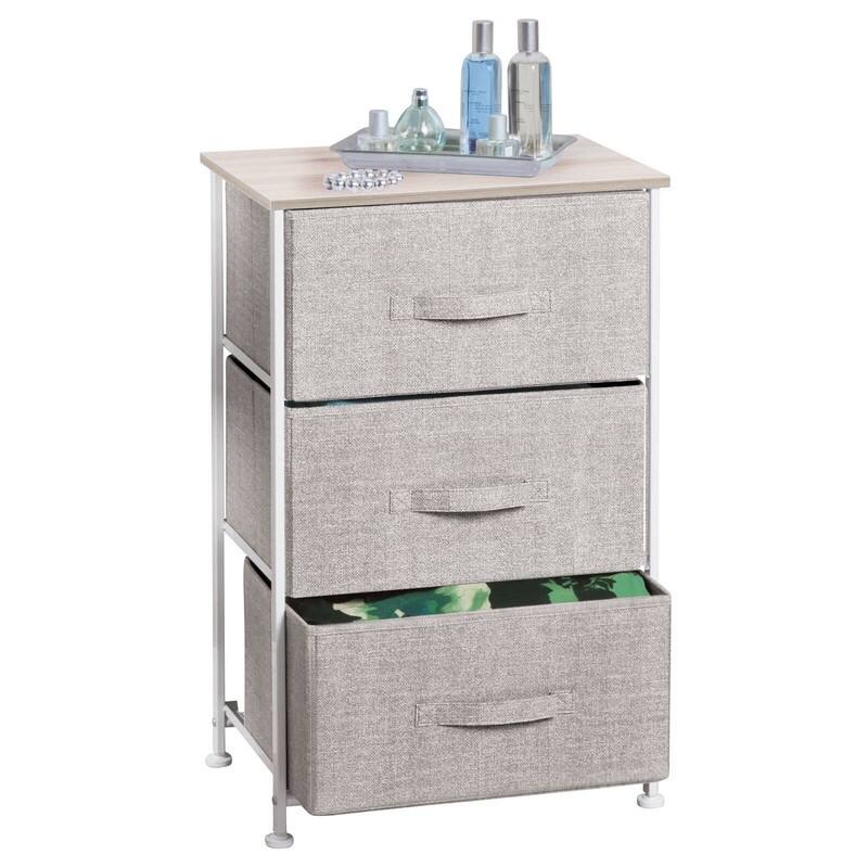 Steel Top and Frame Storage Dresser Tower Unit with 3 Removable Fabric Drawers - Linen