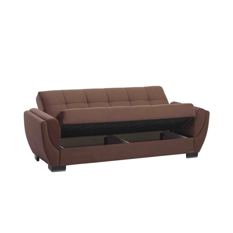 HomeRoots 93" Brown Microfiber Convertible Futon Sleeper Sofa And Toss Pillows With Storage