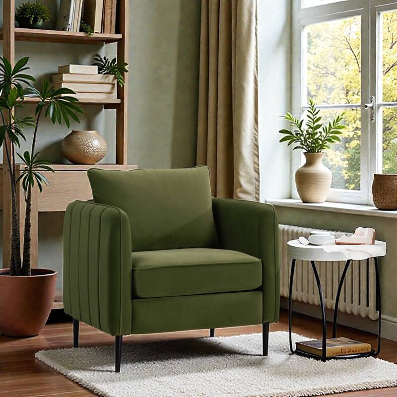 Velvet Accent Chair for Living Room, Mid Century Modern Single Sofa Chair with Pillow and Metal Legs