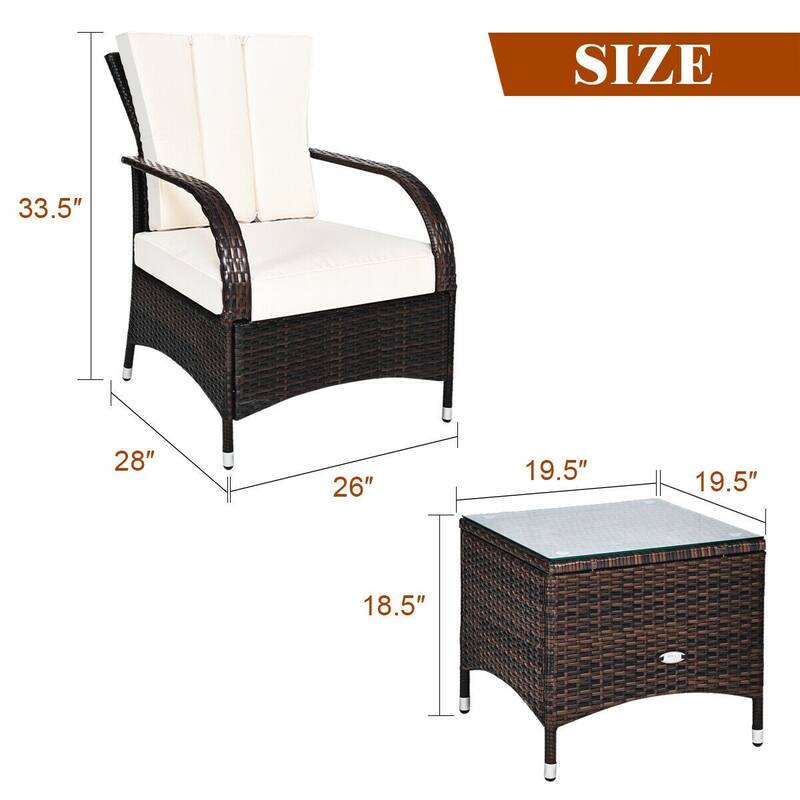 3PCS Rattan Coffee Table Set Chair - 26" x 28" x 33.5" (L x W x H)